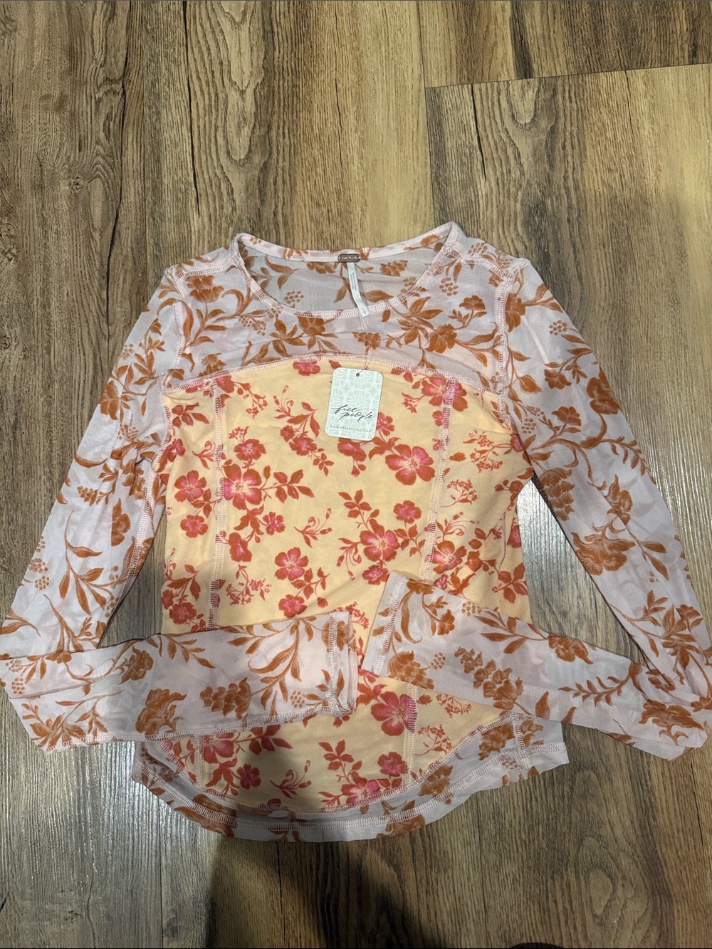 Free People Peach & Coral Floral Mesh Top